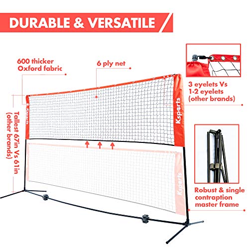 Ksports Portable 17 Feet Badminton Net Set(Green)−One Net for Pickleball, Tennis, Soccer Tennis, Kids Volleyball−4 LED Shuttlecocks−One Carry Bag−Easy Setup Nylon Net with Poles for Indoors & Outdoors