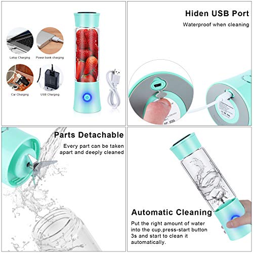 Portable Blender, Personal Blender for Shakes and Smoothies, 6 Stainless Steel Blades Cordless USB Rechargeable Juicer Cup with 4000mAh Batteries, Handheld 16oz Mini Travel Blender Small Fruit Mixer Detachable for Home Office Gym Outdoor, Green