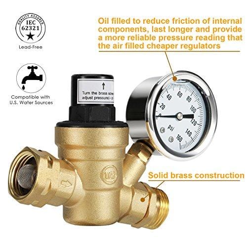 Kohree Water Pressure Regulator Valve, Brass Lead-Free Adjustable Water Pressure Reducer with Gauge for RV Camper, and Inlet Screened Filter