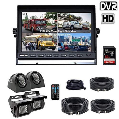 Douxury Backup Camera System, 4 Splite Screen 9'' Quad View Display HD Monitor with DVR Recording Function, Waterproof Night Vision Cameras x 4 for Truck Trailer Heavy Box Truck RV Camper Bus