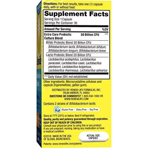 Renew Life Adult Probiotic - Ultimate Flora Probiotic Extra Care, Shelf Stable Probiotic Supplement - 50 billion - 30 Vegetable Capsules (Packaging May Vary)