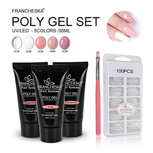 Poly Nail Gel set with Fake Nails Kit Gel Enhancement Nails Set For Nails Art Salon at Home Beginner DIY 7 Color Gel Nails Builder Enhancement Kits (302#)