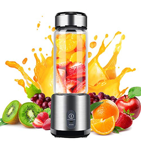 Portable Blender, Stainless Steel and Glass Body, Electric Juicer Cup Personal Size with USB Rechargeable, Mini Juice Mixer for Shakes Smoothies Home Outdoor