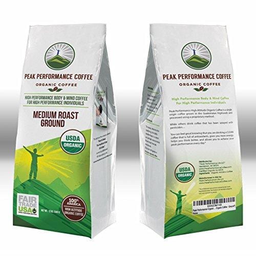 Peak Performance High Altitude Organic Coffee. No Pesticides, Fair Trade, Non GMO, And Beans Full Of Antioxidants! Medium Roast Low Acid Smooth Tasting USDA Certified Organic Ground Coffee 12oz Bag