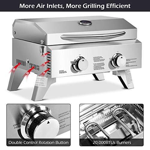 Giantex Propane Tabletop Gas Grill Stainless Steel Two-Burner BBQ, with Foldable Leg, 20000 BTU, Perfect for Camping, Picnics or Any Outdoor Use, 22" x 18" x 15", Silver