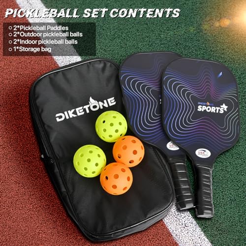 Diketone Pickleball Paddles Set of 2, Fiberglass Pickleball Paddles, Polypropylene Honeycomb Core, Lightweight Pickleball Rackets 2 Pack with 4 Pickleball Balls, Pickleball Paddle Set for Men Women
