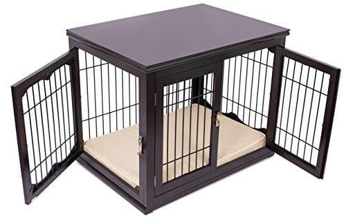 Internet's Best Decorative Dog Kennel with Pet Bed | Double Door | Wooden Wire Dog House | Large Indoor Pet Crate Side Table | Espresso