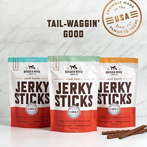 Rocco & Roxie - Jerky Dog Treats Made in USA - Slow Roasted Snacks for Dogs - Natural Grain Free Pet Treat Soft Chews - Delicious, Tender and Healthy 6" Jerkey Sticks - All USDA Inspected Beef - Dig