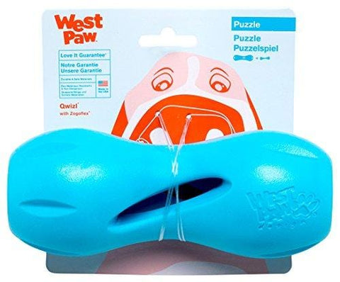 West Paw Zogoflex Qwizl Interactive Treat Dispensing Dog Puzzle Treat Toy for Dogs, 100% Guaranteed Tough, It Floats!, Made in USA, Large, Aqua Blue