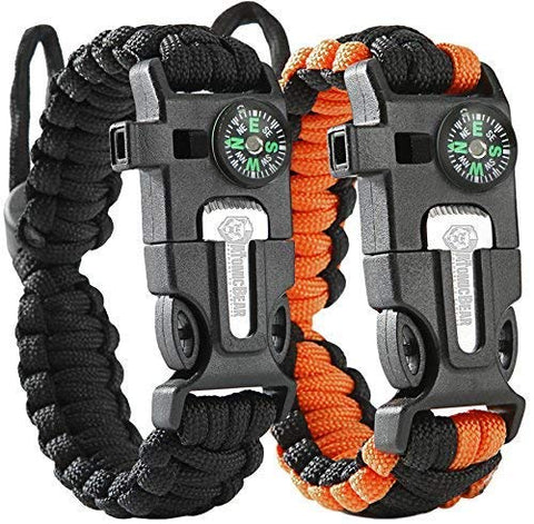 Atomic Bear Paracord Bracelet (2 Pack) - Adjustable Size - Fire Starter - Loud Whistle - Emergency Knife - Perfect for Hiking, Camping, Fishing and Hunting - Black & Black+Orange
