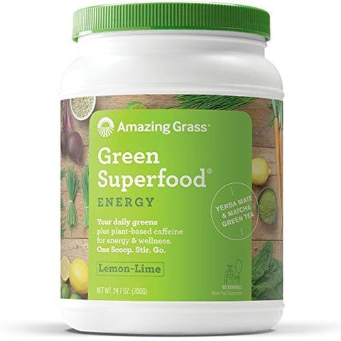 Amazing Grass Energy Green Superfood Organic Powder, Natural Caffeine with Wheat Grass, 7 Greens, Yerba Mate and Matcha Green Tea, Flavor: Lemon Lime, 100 Servings