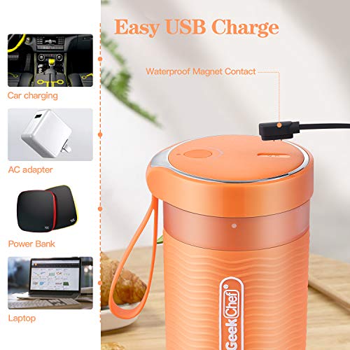 Geek Chef Portable Blender Mini Personal Blender Small Smoothie and Shakes Blender Cordless Small Blender Cup, USB Rechargeable Travel Blender BPA-Free Tritan,10oz/300ml,orange