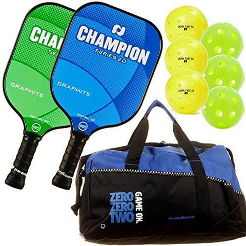 Pickleball, Inc. Champion Graphite Paddle 2-Paddle Bundle (2 Champion Graphite Paddles, 1 Pickleball Duffle, 3 Indoor Jugs pickleballs, 3 Outdoor Dura Pickleballs) (Blue/Green) || Great Gift idea [product _type] Pickle-Ball - Ultra Pickleball - The Pickleball Paddle MegaStore
