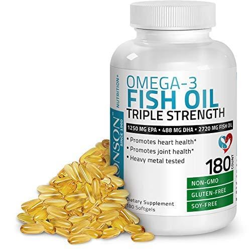 Omega 3 Fish Oil Triple Strength 2720 mg - High EPA 1250 mg DHA 488 mg - Heavy Metal Tested - Non GMO Gluten Free Soy Free - 180 Softgels