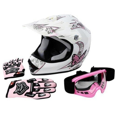 TCMT DOT Certified Youth Pink Butterfly Dirt Bike ATV Offroad Street Motorcycle Motocross Helmet Goggles Gloves (L)