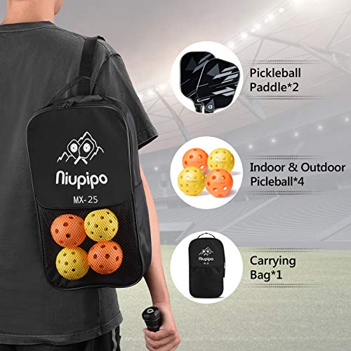 niupipo Pickleball Paddles, Pickleball Set, 2 Pickleball Rackets, 4 Pickleball Balls and 1 Pickleball Bag, Fiberglass Surface, Polypropylene Honeycomb Core, Lightweight Pickleball Paddle
