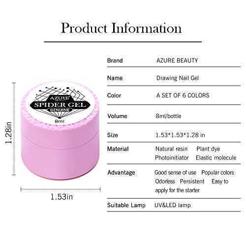 AZUREBEAUTY 6 Colors Spider Gel,Matrix Gel with Gel Paint Design Nail Art Wire Drawing Nail Gel for Line,Require LED UV Nail Dryer Lamp(White Black Red Gold Silver Champagne)