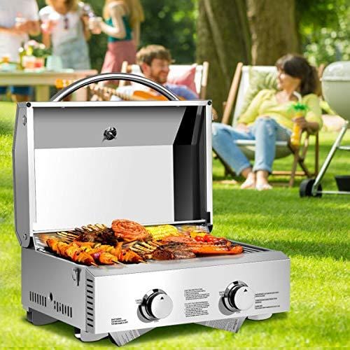 Giantex Propane Tabletop Gas Grill Stainless Steel Two-Burner BBQ, with Foldable Leg, 20000 BTU, Perfect for Camping, Picnics or Any Outdoor Use, 22" x 18" x 15", Silver