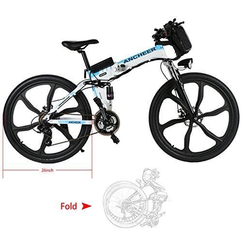 ANCHEER Folding Electric Mountain Bike with 26" Super Lightweight Magnesium Alloy 6 Spokes Integrated Wheel, Premium Full Suspension and Shimano 21 Speed Gear