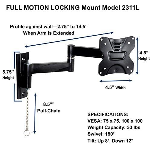 Master Mounts 2311L Locking RV TV Mount Lockable Full Motion TV Wall Mount Easy to Reach Chain Release Perfect for RVs Campers Trucks Mobile Homes, Articulates Swivels Tilts, Fits up to 42" 100x100