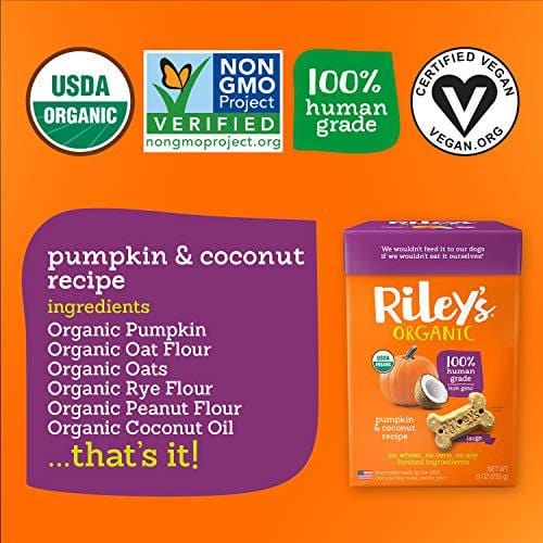 Riley's Organic Dog Treats - Large Bone Pumpkin & Coconut Dog Treats - USDA Organic, Certified Vegan and Non GMO Project Verified Dog Biscuits - 100% Human Grade - 9 Oz Carton