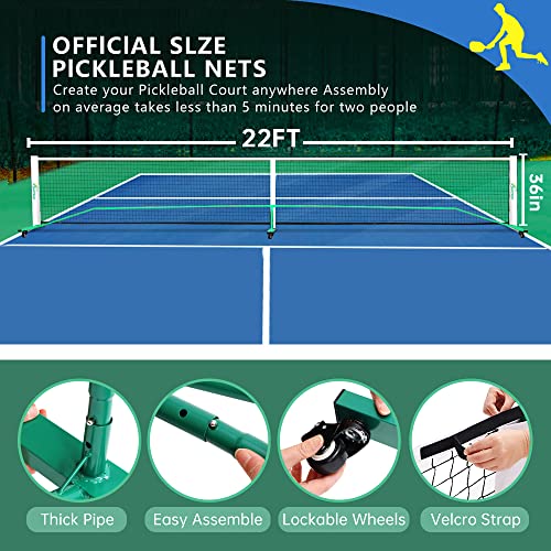 Surnuo Portable Pickleball Net with Wheels for Driveway- Outdoor Regulation Size Pickle Ball Practice Net System for All Ages, Heavy-Duty Steel Frame and Weatherproof Netting,22ft