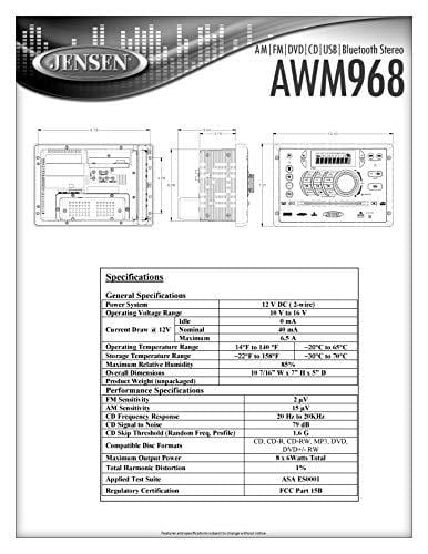 Jensen AWM968 AM/FM/CD/DVD/USB Bluetooth Stereo, Front USB supports MP3/WMA, DVD Player CD, CD-R, CD-RW, DVD/DVD+R, DVD RW, DVD-R, DVD-RW, DVD-Video, MPEG-4, VCD, JPEG and MP3/WMA Compatible