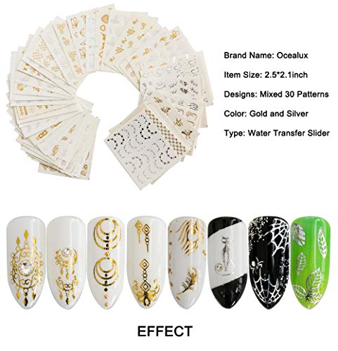Ocealux Gold Silver Nail Art Stickers 30 Sheets Metallic Water Transfer Decals Feather Flower Spider Butterfly Lace Dream Catcher Design Decal For Nails Decoration Nail Art Manicure Slider