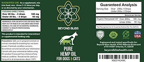 Beyond Bliss Hemp Oil for Dogs & Cats - 550 milligrams daily- Joint Pain - Separation Anxiety - Chronic Pain Relief - Organic & Natural - Anti-Inflammatory - Grown & Made in USA - Omega 3, 6, 9