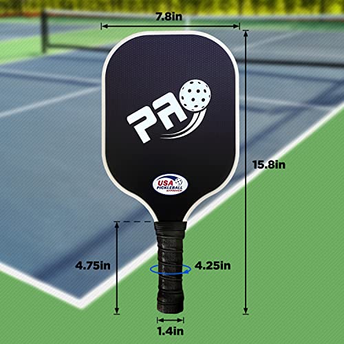 PRO Pickleball Glow in The Dark Paddle Edge and Balls Set. Graphite Carbon Fiber face Cushion with Honeycomb core More Lightweight and Durable