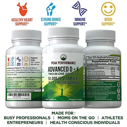 Advanced Vitamin D 10000 IU + All 3 Types of Vitamin K Capsules by Peak Performance. 10,000 IU Vitamin D3 and Vitamin K2 MK-7 (MK7) K2 MK4 K1 Supplement! 60 Small & Easy to Swallow Pills