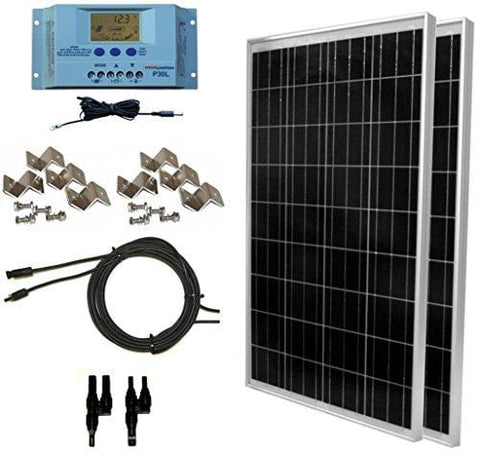 WindyNation 200 Watt Solar Panel Kit: 2pcs 100W Solar Panels + P30L LCD PWM Charge Controller + Solar Cable + MC4 Connectors + Mounting Brackets for Off-Grid RV Boat
