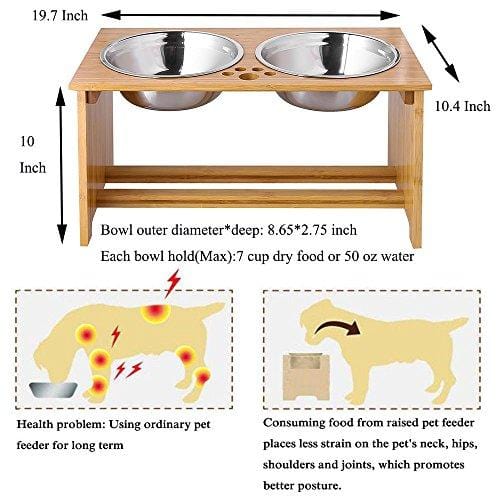 FOREYY Raised Pet Bowls for Medium and Large Dogs - Bamboo Elevated Dog Cat Food and Water Bowls Stand Feeder with 2 Stainless Steel Bowls and Anti Slip Feet (New 10'' Tall)