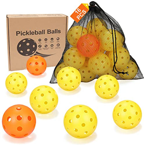 Pickleball Balls, 16Pack Pickleball-Balls with Mesh Bag, 40 Holes+26 Holes, USAPA Requirement Specifically Designed for Outdoor and Indoor, Flight Trajectory Stable High Elasticity & Durable
