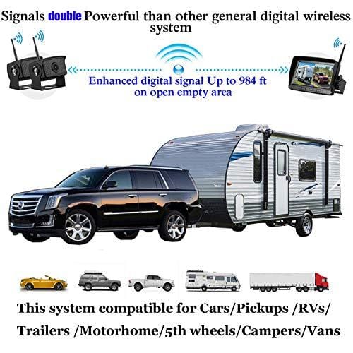FHD 1080P Digital Wireless Dual Backup Camera 7'' Monitor Kit Split Screen for Trailer/RV/Truck/Camper Rear/Side/Front View Camera Night Vision IP69K Waterproof Driving/Reversing Use