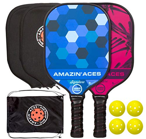 Amazin' Aces Signature Pickleball Paddle Set | USAPA Approved | Graphite Face & Polymer Core | Premium Grip | Includes Paddles, Balls, Paddle Covers, Bag & eBook | 2 Paddle Set (Blue & Pink)