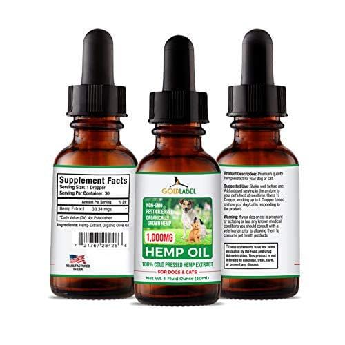 Gold Label Hemp Seed Oil for Dogs and Cats, 1000mg – Anxiety Relief & Joint Health, All Natural Anti-Inflammatory for Pain & Discomfort, Omega 3, 6, 9, Food Grade Supplement | USA Made, 1Fl Oz