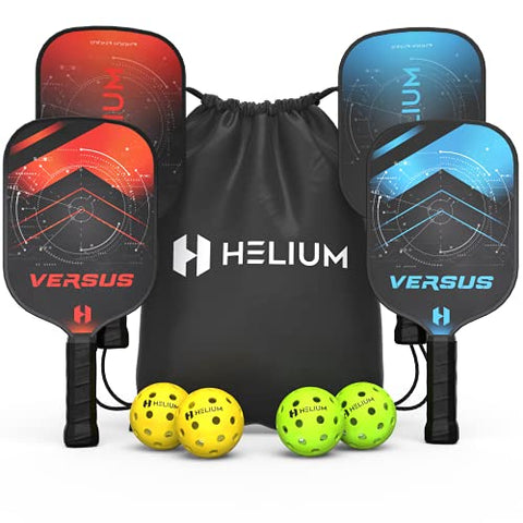 Helium Versus 4-Pack Pickleball Set - Honeycomb Core, Graphite Strike Face, Premium Comfort Grip - Set of Four Paddles, 2 Green Indoor Balls, 2 Yellow Outdoor Balls & Drawstring Bag