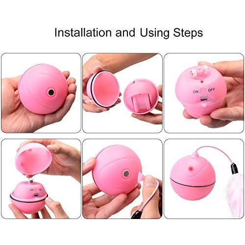 Wanfei Interactive Cat Toys, Automatic Self Rotating USB Charged Light Pet Toy with Small Bell, Pets Cats Dogs Chaser Ball, Rechargeable Entertainment Exercise Toy with Detachable Feather for Cat Dog