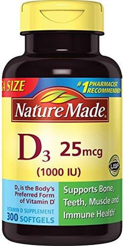 Nature Made Vitamin D3 25 mcg (1000 IU) Softgels 300 Ct Mega Size (Packaging may vary)