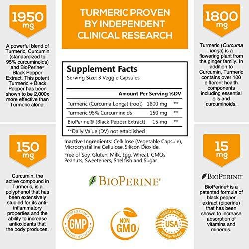 Turmeric Curcumin Max Potency 95% Curcuminoids 1950mg with Bioperine Black Pepper for Best Absorption, Best Vegan Joint Pain Relief, Made in USA, Turmeric Pills by Natures Nutrition - 180 Capsules