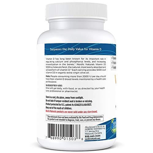Nordic Naturals Vitamin D3 5000 - Potent Dose of Vitamin D3 for Bone Health, Mood and Sleep Rhythm Support, and Immune System Function*, Orange, 120 Soft Gels