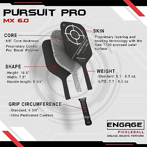 Engage Pursuit Pro MX 6.0 Pickleball Paddle – Elongated Shape, Raw T700 Toray Carbon Fiber Face, 16mm Control Pro “Black” Core, Vortex Barrier Edge Technology Limits Vibration – Standard Weight