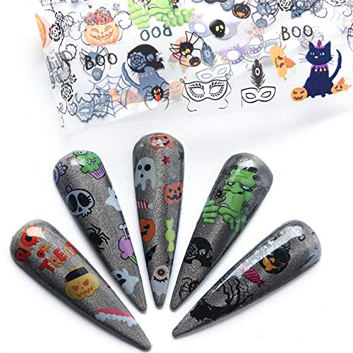 Halloween Nail Stickers Foil Transfer Design 10 Sheets Nail Art Foil Wraps Tattoo Paper Pumpkin Spider Skull Ghost Nail Decals for Women Manicure Tips Decoration Halloween Party Favors Supplies