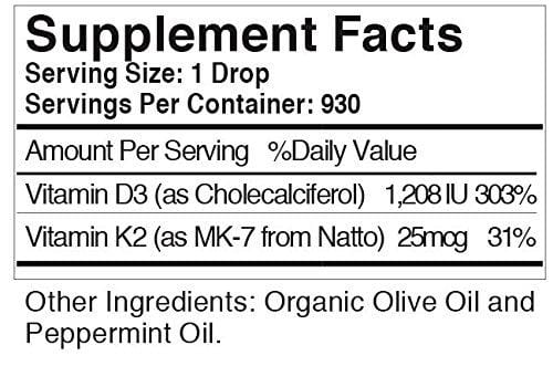 Vitamin D3 with K2 Liquid Drops, All Natural, Non GMO, 1208IU D3 and 25mcg K2 (MK7) Per Serving, Strengthen Bones, Boost Immune System and Energy Levels, with or Without Peppermint Oil