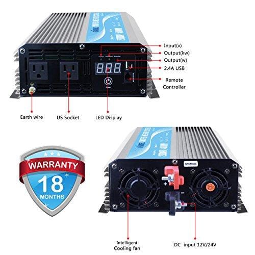 GIANDEL 2000W Power Inverter 12V DC to 110V 120V AC with Remote Control and LED Display Dual AC Outlets & USB Port for RV Truck Boat