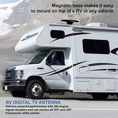 360° Omni Directional Amplified Magnetic UFO Digital HDTV Antenna for Caravan RV Truck Boat (4K Ultra-HD Ready, ATSC 3.0 Ready, VHF and UHF, Long Range Outdoor Motorhome TV Antenna) Black