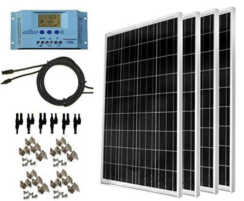WindyNation 400 Watt Solar Kit: 4pcs 100 Watt Solar Panels + 30A P30L LCD PWM Charge Controller + Mounting Hardware + 40ft Cable + MC4 Connectors. RV's, Boats, Cabins, Camping Off-Grid