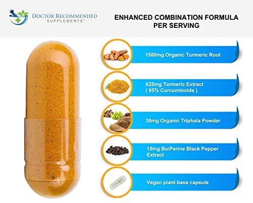 Turmeric Curcumin - 2250mg/d - 180 Veggie Caps - 95% Curcuminoids with Black Pepper Extract (Piperine) - 750mg Capsules - 100% Organic - Most Powerful Turmeric Supplement - with Triphala