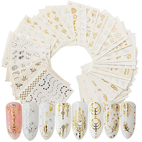 Ocealux Gold Silver Nail Art Stickers 30 Sheets Metallic Water Transfer Decals Feather Flower Spider Butterfly Lace Dream Catcher Design Decal For Nails Decoration Nail Art Manicure Slider